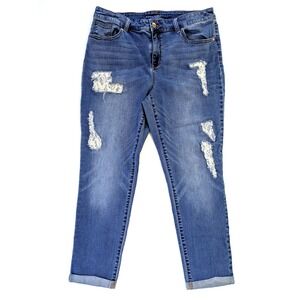 Chicos Platinum Ankle Jeans Size 2 Blue Denim Lace Patch Distressed Medium Wash